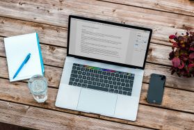 A laptop, a red plant, a phone, a notebook, a pen, and a glass of water on a wooden table